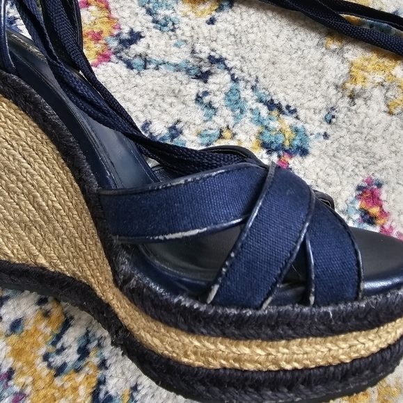White House Black Market Navy Blue Espradille Ankle-Wrap Wedge Sandals Size 6.5 - Picture 16 of 16